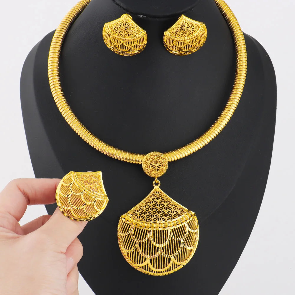 Stainless Steel Women's Necklace Earrings Ring 3PCS Set Vintage Design Jewelry Party Wedding Gifts for Nigeria Girl Bride