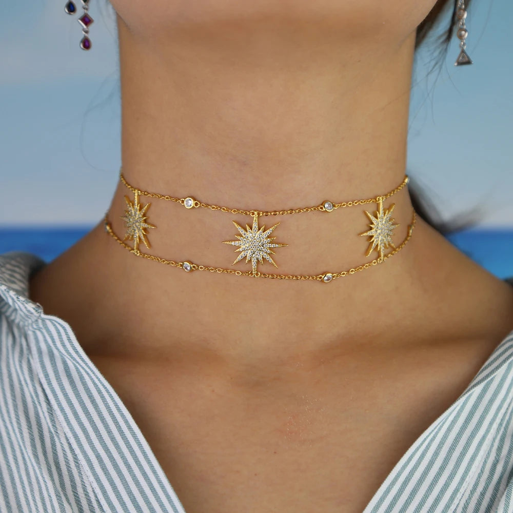 2025 New Arrived Women Girl Gorgeous Delicate White Cz Paved 3pcs North Star Charm Choker Necklaces Luxury Party Jewelry Gifts