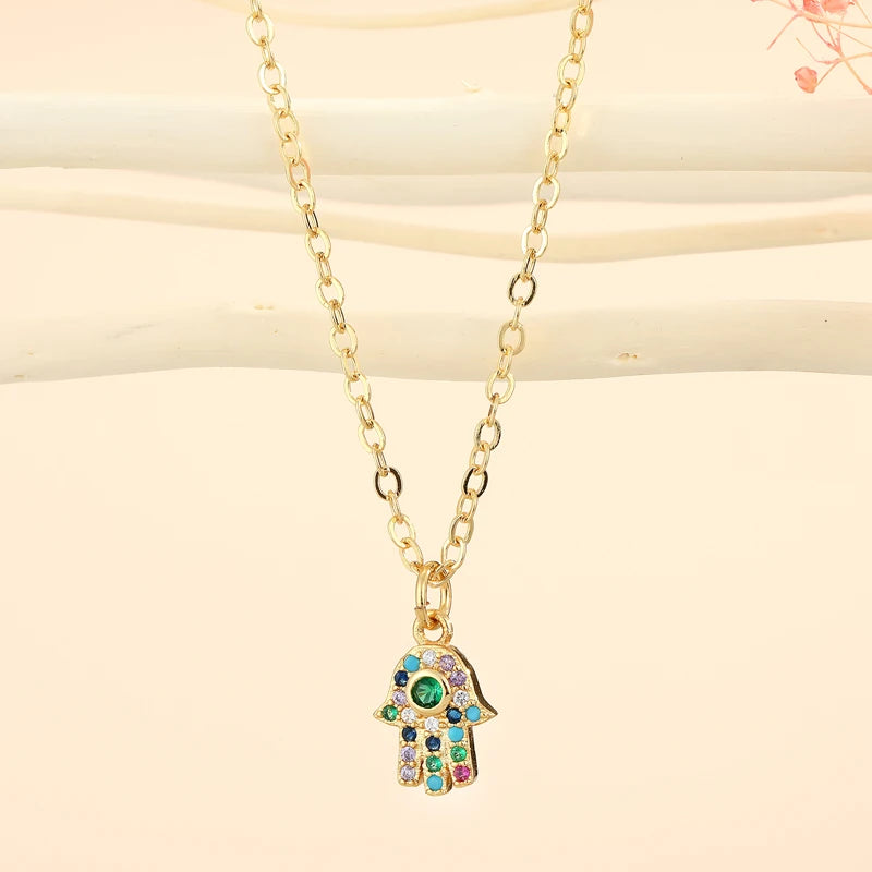 1PC Turkish Crystal Evil Eye Hand Hamsa Pendant Necklace Womens Color Jewelry Hollow Out Clavicle Link Chains