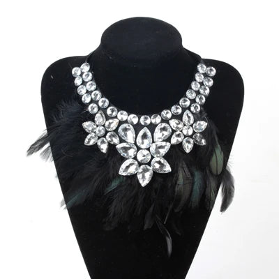 ZMZY Handmade Feather Choker Necklace for Women with Glass Crystal Elegant Bohemian Style Jewelry Accessory