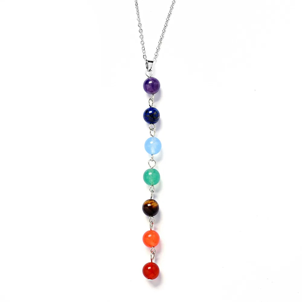 DIEZI Vintage Fashion Silver Plated Bead 7 Chakra Healing Balance Necklace Party Ethnic Pendant Necklace for Women Jewelry
