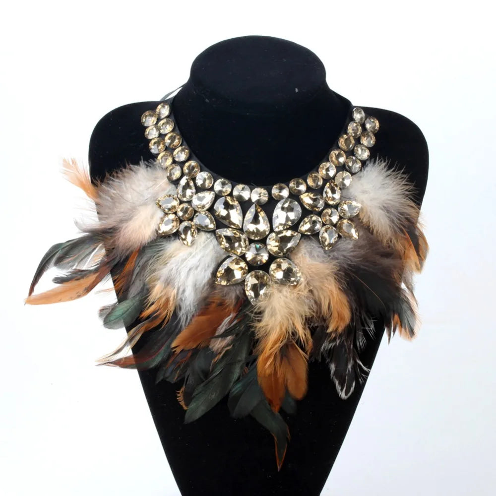 ZMZY Handmade Feather Choker Necklace for Women with Glass Crystal Elegant Bohemian Style Jewelry Accessory