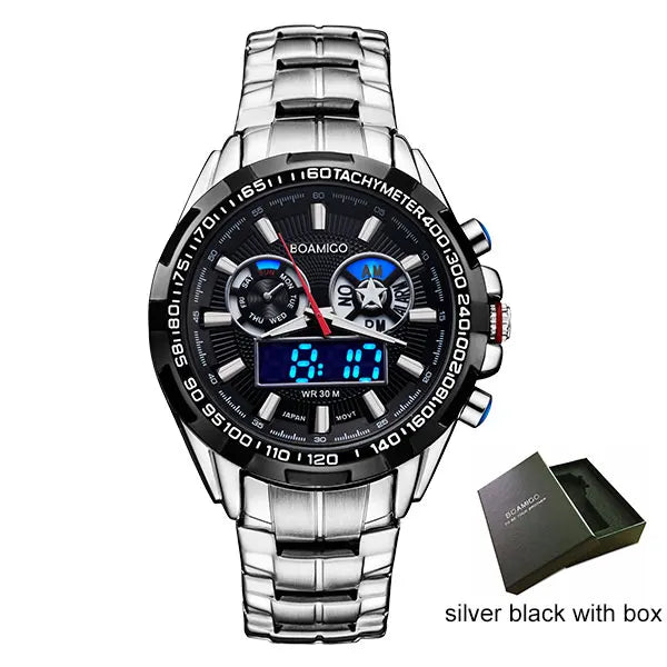 men sport watches military steel digital watch Luminous hand quartz watch 2017 BOAMIGO silver gift 30m waterproof wristwatches