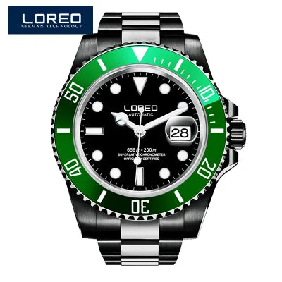 LOREO New Sapphire Glass Automatic Mechanical Watch Luxury Steel 200m Waterproof Business Watch Men Watches Reloj Hombre