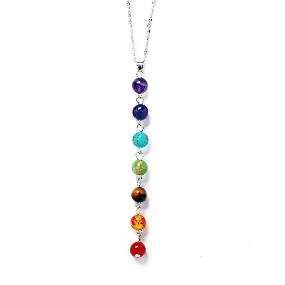 DIEZI Vintage Fashion Silver Plated Bead 7 Chakra Healing Balance Necklace Party Ethnic Pendant Necklace for Women Jewelry