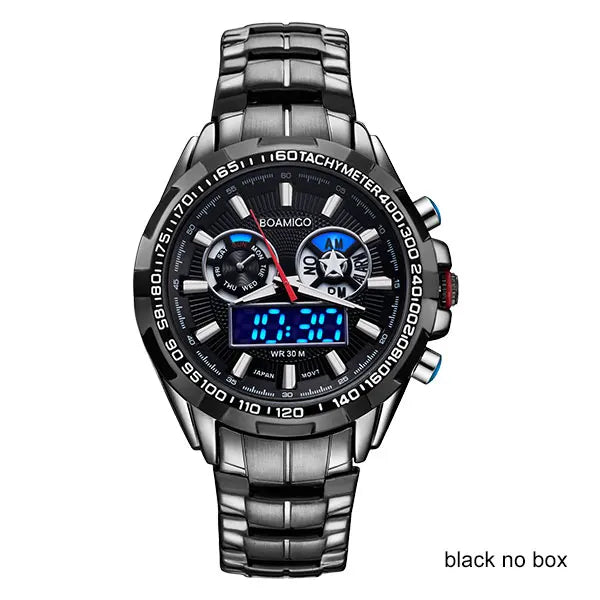 men sport watches military steel digital watch Luminous hand quartz watch 2017 BOAMIGO silver gift 30m waterproof wristwatches