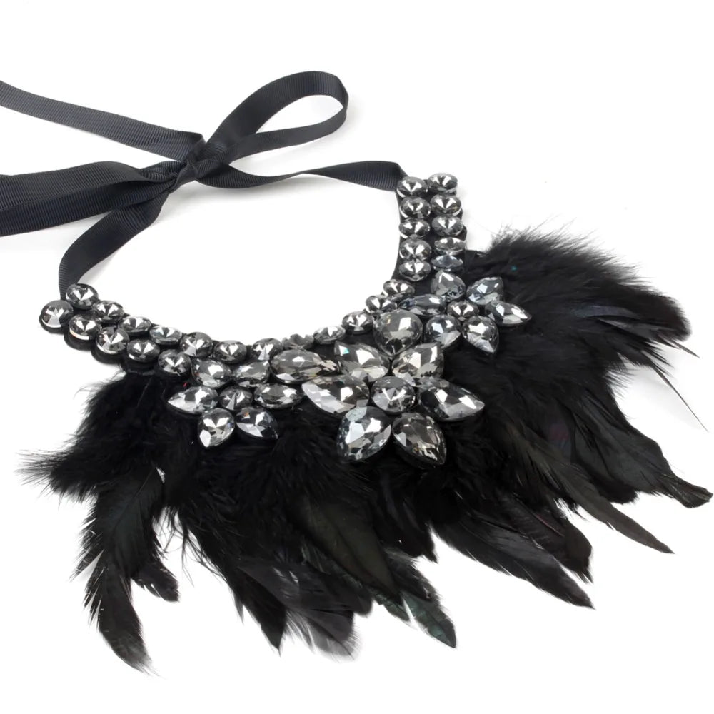 ZMZY Handmade Feather Choker Necklace for Women with Glass Crystal Elegant Bohemian Style Jewelry Accessory