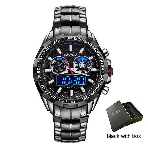 men sport watches military steel digital watch Luminous hand quartz watch 2017 BOAMIGO silver gift 30m waterproof wristwatches