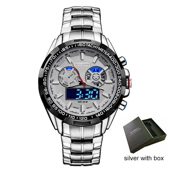men sport watches military steel digital watch Luminous hand quartz watch 2017 BOAMIGO silver gift 30m waterproof wristwatches