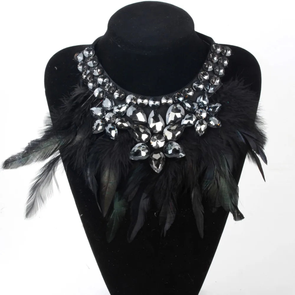 ZMZY Handmade Feather Choker Necklace for Women with Glass Crystal Elegant Bohemian Style Jewelry Accessory