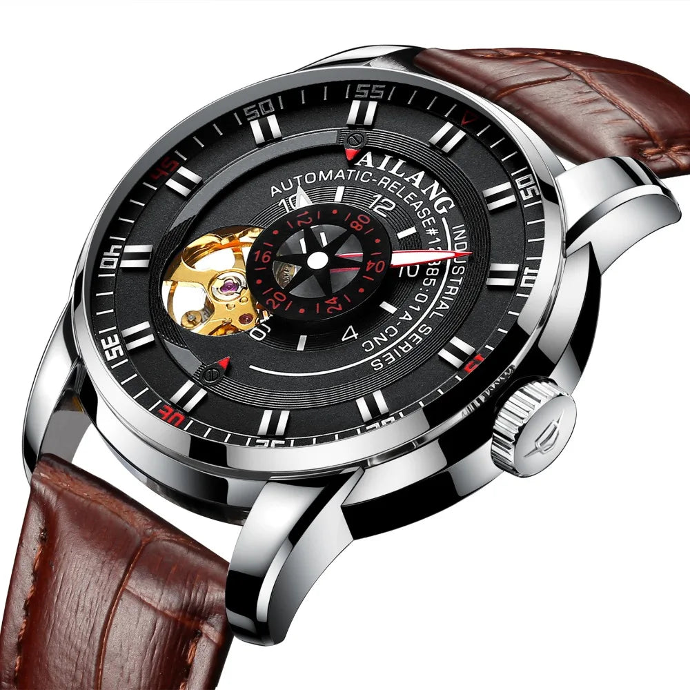 AILANG diesel watch diver man automatic mechanical pilot army gear sport Skeleton steampunk Leather strap Men's watch waterproof