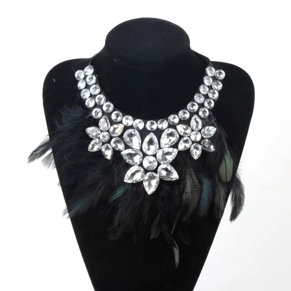 ZMZY Handmade Feather Choker Necklace for Women with Glass Crystal Elegant Bohemian Style Jewelry Accessory