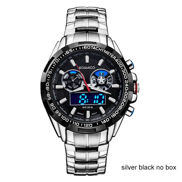 men sport watches military steel digital watch Luminous hand quartz watch 2017 BOAMIGO silver gift 30m waterproof wristwatches