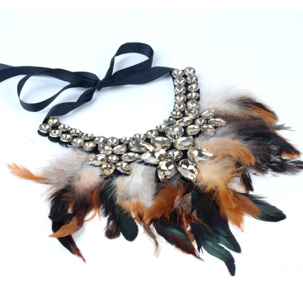 ZMZY Handmade Feather Choker Necklace for Women with Glass Crystal Elegant Bohemian Style Jewelry Accessory