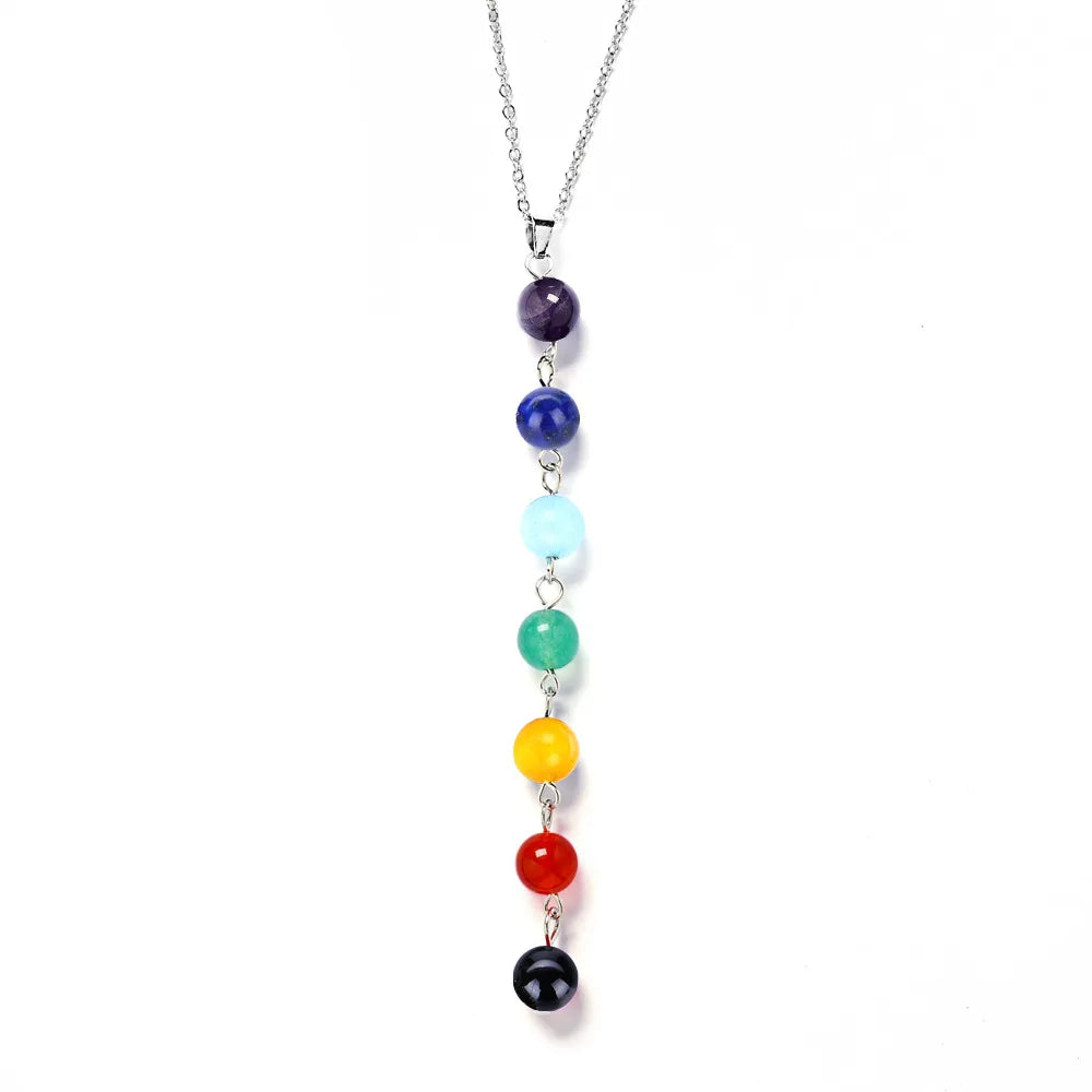 DIEZI Vintage Fashion Silver Plated Bead 7 Chakra Healing Balance Necklace Party Ethnic Pendant Necklace for Women Jewelry