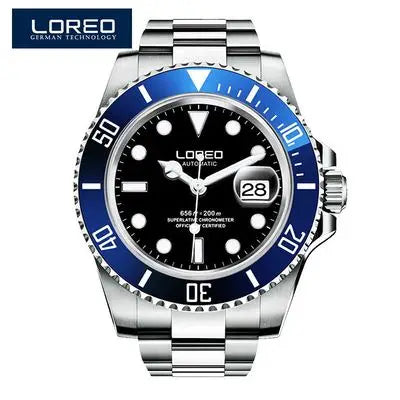 LOREO New Sapphire Glass Automatic Mechanical Watch Luxury Steel 200m Waterproof Business Watch Men Watches Reloj Hombre