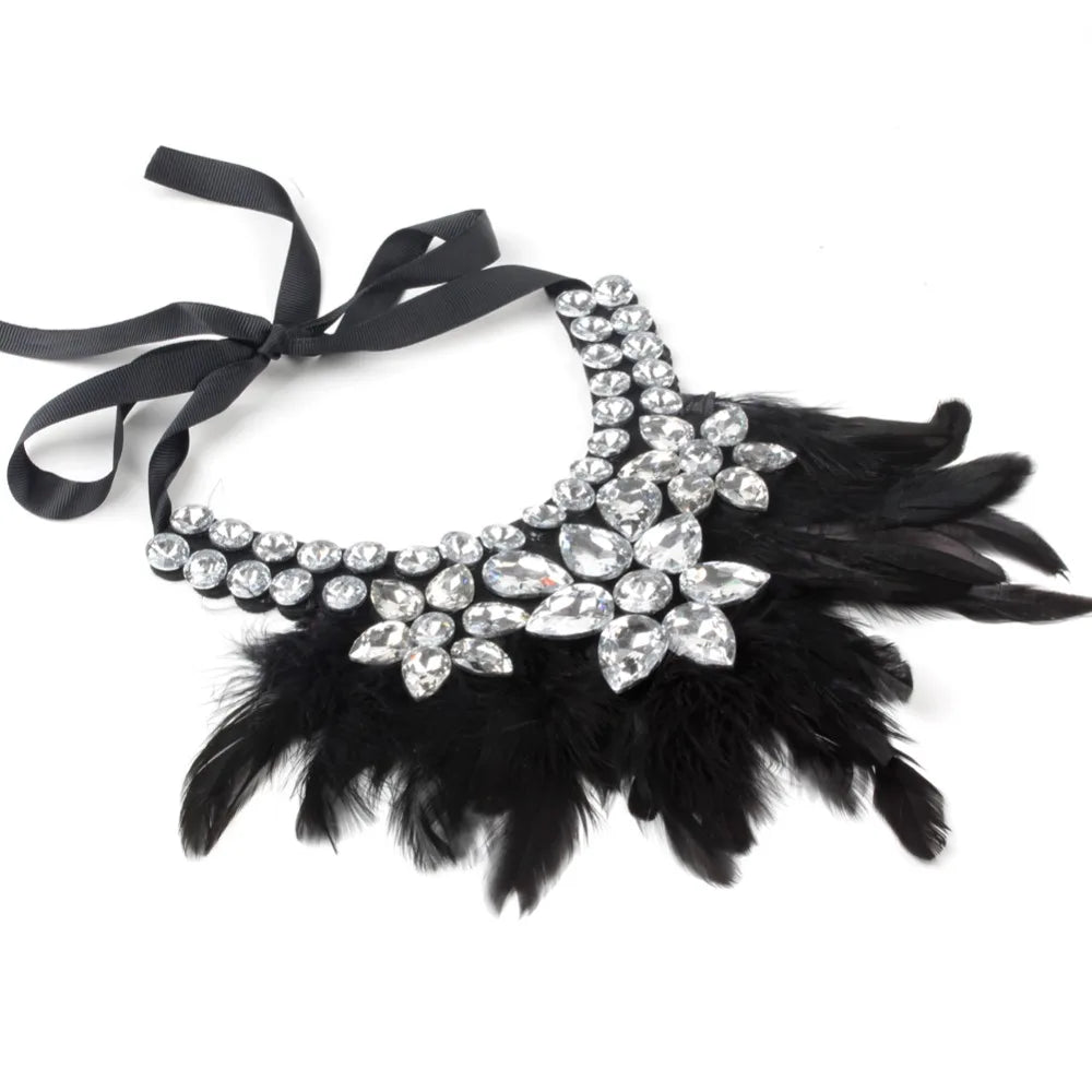 ZMZY Handmade Feather Choker Necklace for Women with Glass Crystal Elegant Bohemian Style Jewelry Accessory