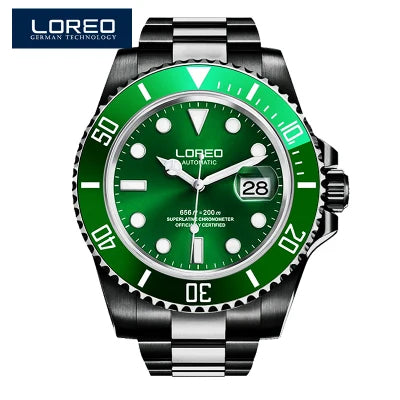 LOREO New Sapphire Glass Automatic Mechanical Watch Luxury Steel 200m Waterproof Business Watch Men Watches Reloj Hombre