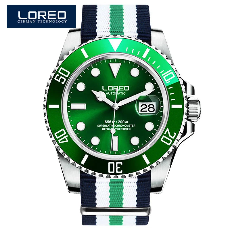 LOREO New Sapphire Glass Automatic Mechanical Watch Luxury Steel 200m Waterproof Business Watch Men Watches Reloj Hombre