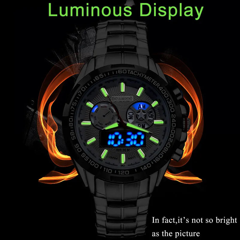 men sport watches military steel digital watch Luminous hand quartz watch 2017 BOAMIGO silver gift 30m waterproof wristwatches
