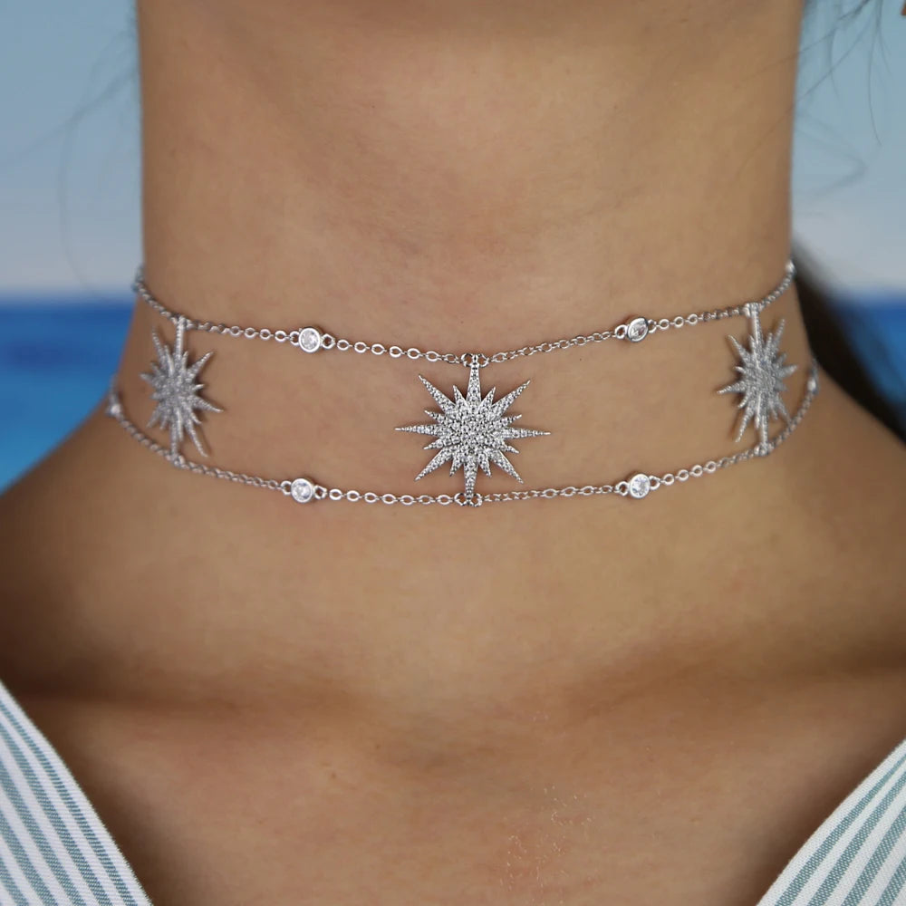 2025 New Arrived Women Girl Gorgeous Delicate White Cz Paved 3pcs North Star Charm Choker Necklaces Luxury Party Jewelry Gifts