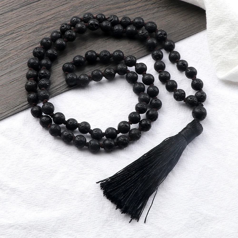 Buddhist Mala Beaded Necklaces for Women Men 6 8mm Black Lava Rock Stone Long Tassel Necklace Handmade Vintage Ethnic Jewelry