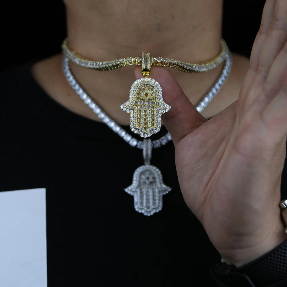 Hand of Miriam Star Pendant Choker Hip Hop Full Iced Out Cubic Zirconia Sliver Color CZ Stone Hands Necklace Women Men Jewelry