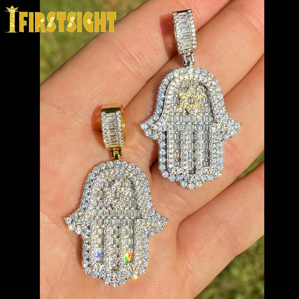 Hand of Miriam Star Pendant Choker Hip Hop Full Iced Out Cubic Zirconia Sliver Color CZ Stone Hands Necklace Women Men Jewelry