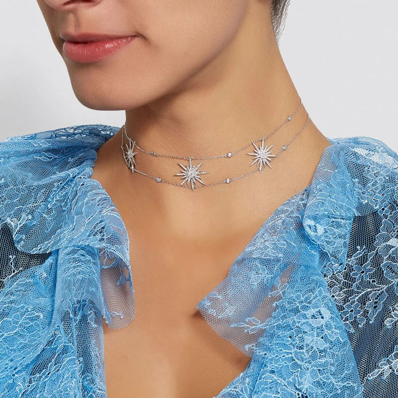 2025 New Arrived Women Girl Gorgeous Delicate White Cz Paved 3pcs North Star Charm Choker Necklaces Luxury Party Jewelry Gifts