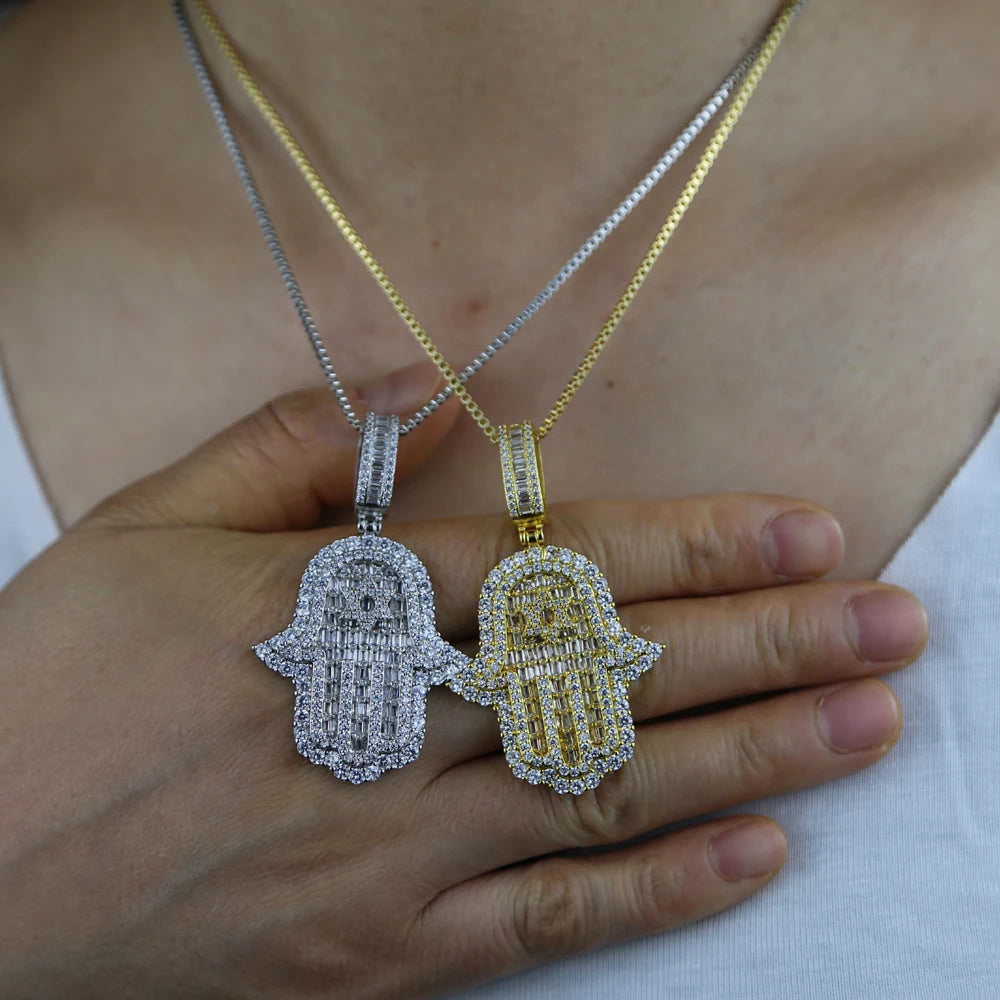 Hand of Miriam Star Pendant Choker Hip Hop Full Iced Out Cubic Zirconia Sliver Color CZ Stone Hands Necklace Women Men Jewelry