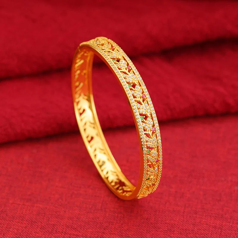 Luxury 24K 9999 Pure Gold real gold Women's Hollow-out Carved Bracelet Flower Rattan Raib Bracelet
