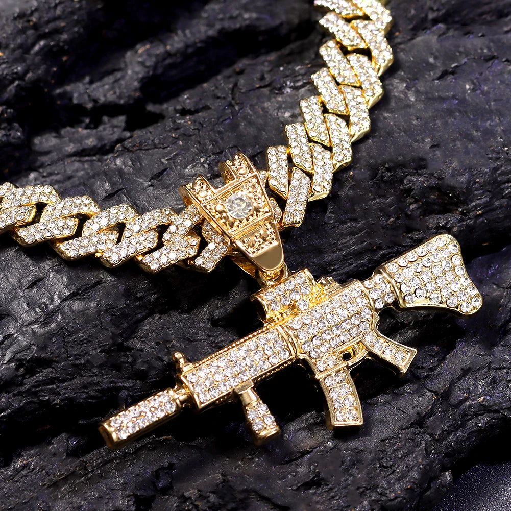 Men Women 14MM Cuban Chain AK47 Gun Pendant Necklace Iced Out AAA Rhinestone Prong Miami Cuban Link Chain Hip Hop Jewelry Gifts