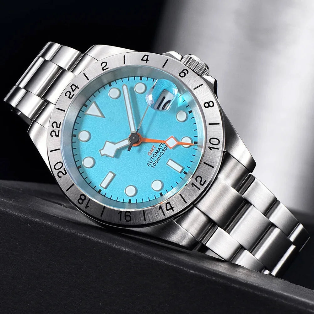 NH34A Watch Waterproof Field Automatic Mechanical Wristwatch Men Orange GMT Hand Master 24 Hours Sapphire Glass Glide Lock