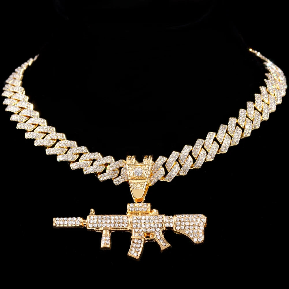 Men Women 14MM Cuban Chain AK47 Gun Pendant Necklace Iced Out AAA Rhinestone Prong Miami Cuban Link Chain Hip Hop Jewelry Gifts