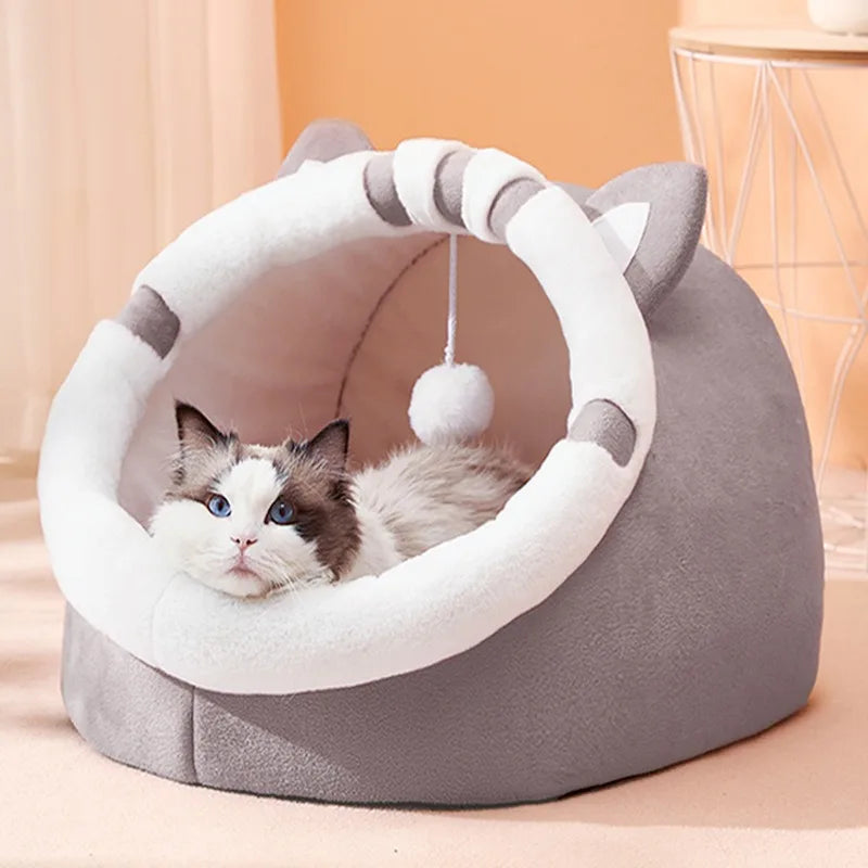 Cat Ear-Shaped Plush Bed with Hanging Toys - Anti-Slip Base & Cloud Cotton Filling, S/M/L Sizes for 7.7-16.5lbs Pets