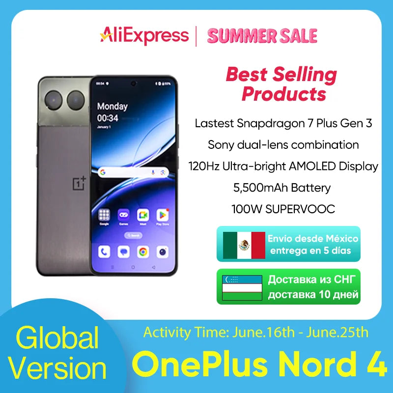 OnePlus Nord 4 Global Version 5G Smartphone 5500mAh Battery 100W SUPERVOOC 50MP Dual Camera 120 Hz ultra-brightAMOLED Display