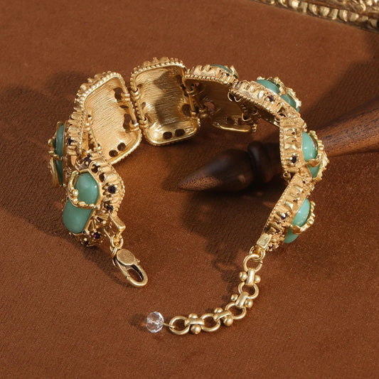 Vintage Green Jade Bracelet Made Of Natural Stones Wave Hollow Gold Color Woman Charm Luxury Accessories Jewelry Gift Girlfriend