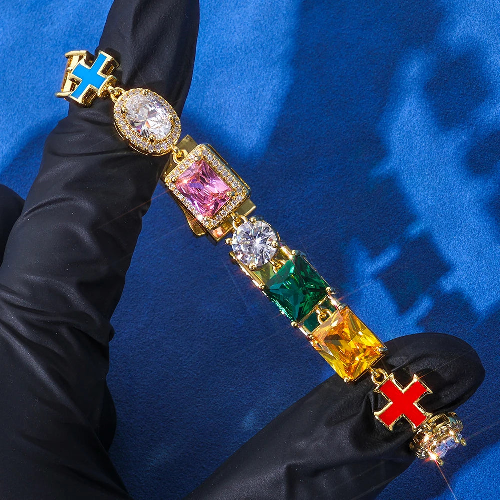 NY Hip Hop Jewelry Rainbow Zircon Necklace 18k Gold Plated Geometric Colorful Cross Link Chain Fashion for Women