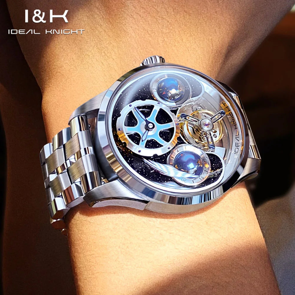 IDEAL KNIGHT 6808 Original Mechanical Watch For Men Top Brand 43mm Big Dial Flywheel Skeleton Hand Clock Business Man Watch Set