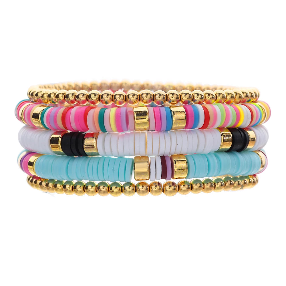 New In Simple Colorful Polymer Clay Smiling Face Love Pearl Bracelet Set Emotional Bracelet for women scene vintage jewelery