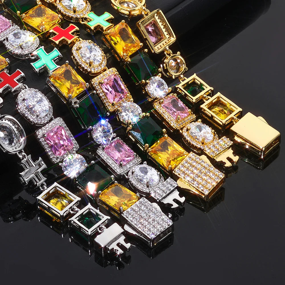 NY Hip Hop Jewelry Rainbow Zircon Necklace 18k Gold Plated Geometric Colorful Cross Link Chain Fashion for Women