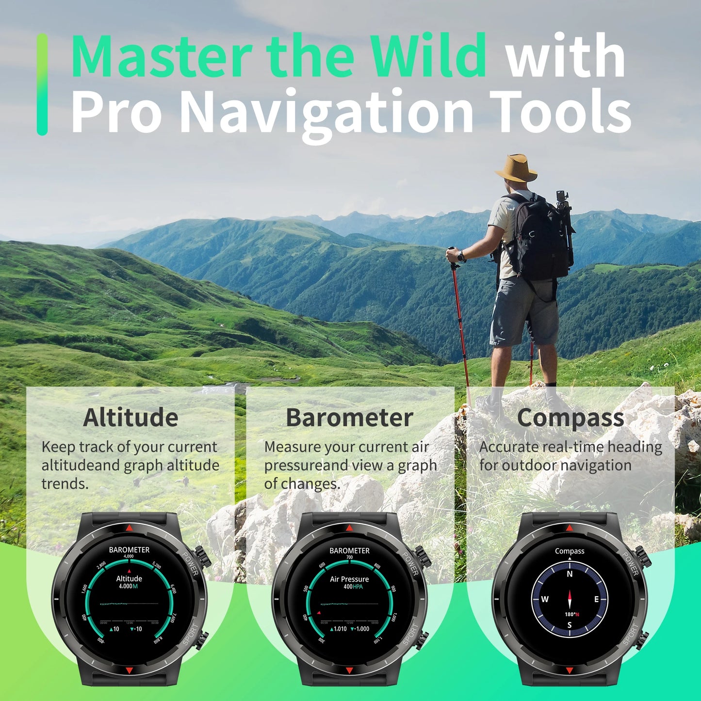 EZON S9 GPS AMOLED Sports Watch, Barometer, Compass, Heart rate/ sleep monitor, IP68 Waterproof, Alloy housing for men/women