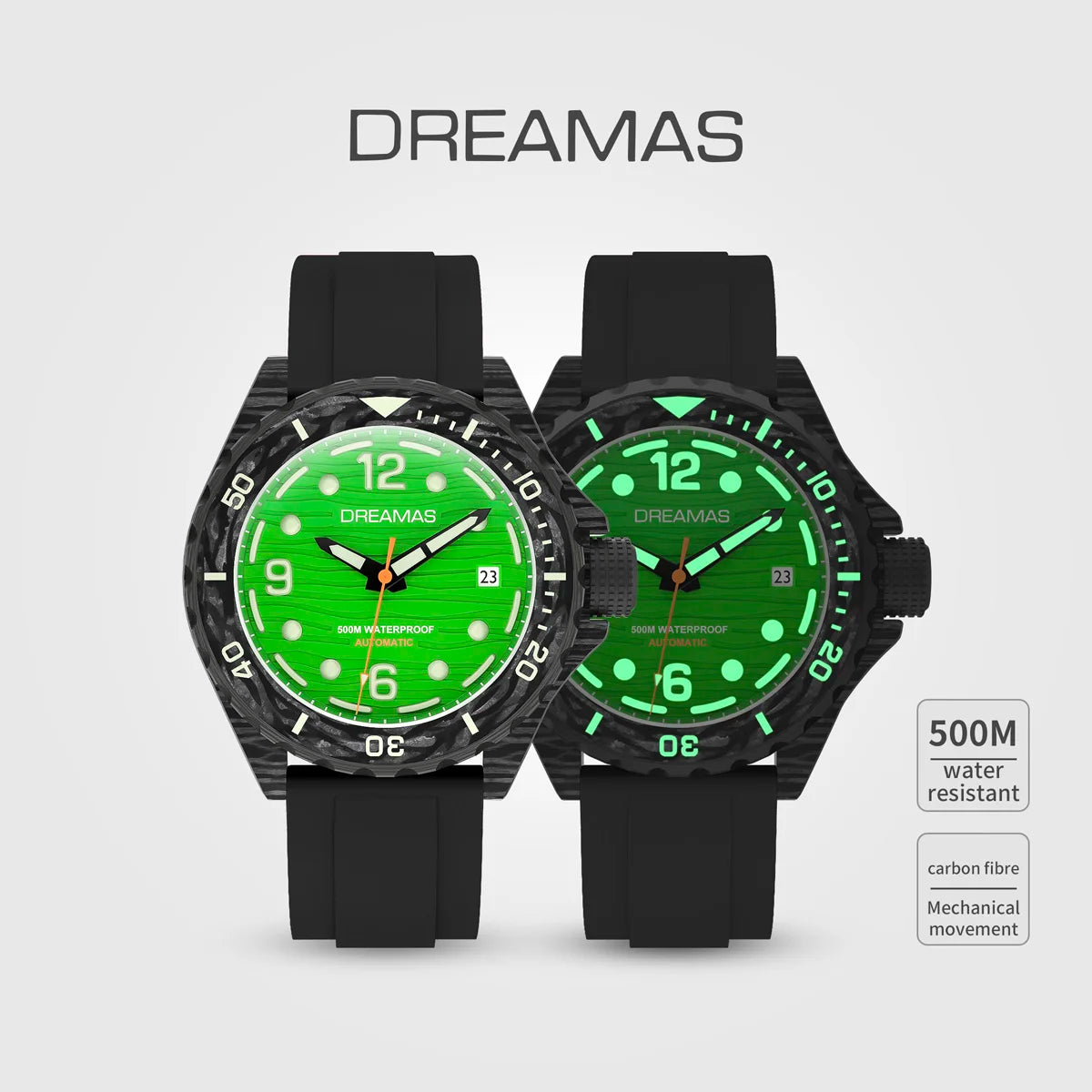 DREAMAS Carbon Fiber Black Warrior Japanese Mechanical Watch Business Watch 500 meters waterproof D0382G10