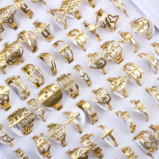 100 Pieces Stainless Steel Engraved Rings for Men and Women Fashion Charm Jewelry Gift Hollow Flower Finger Rings Wholesale Lots