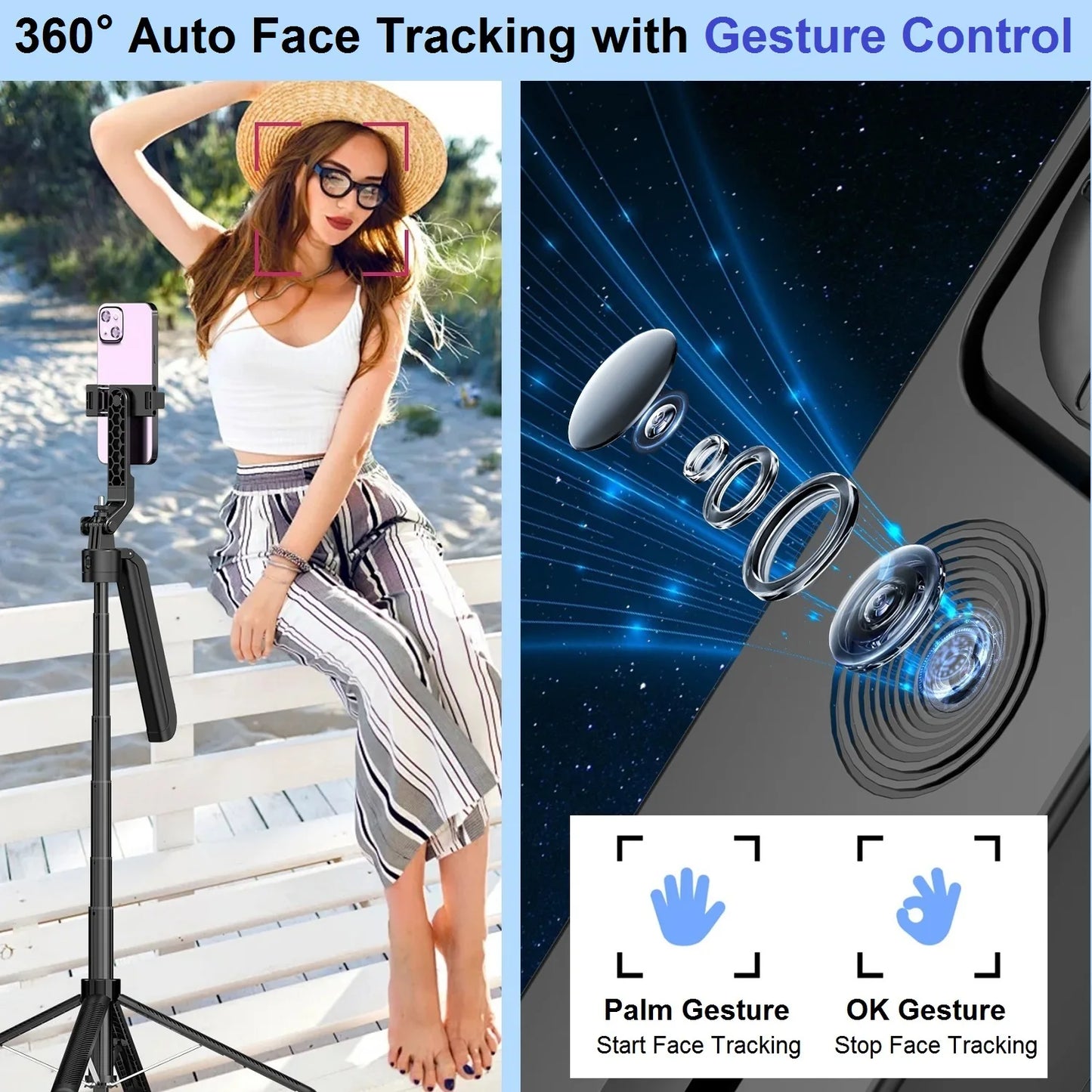 Auto Face Tracking Tripod 360° Rotation, 71" Extendable Phone Tripod Selfie Stick Smart Tracking Phone Holder for iPhone Videos