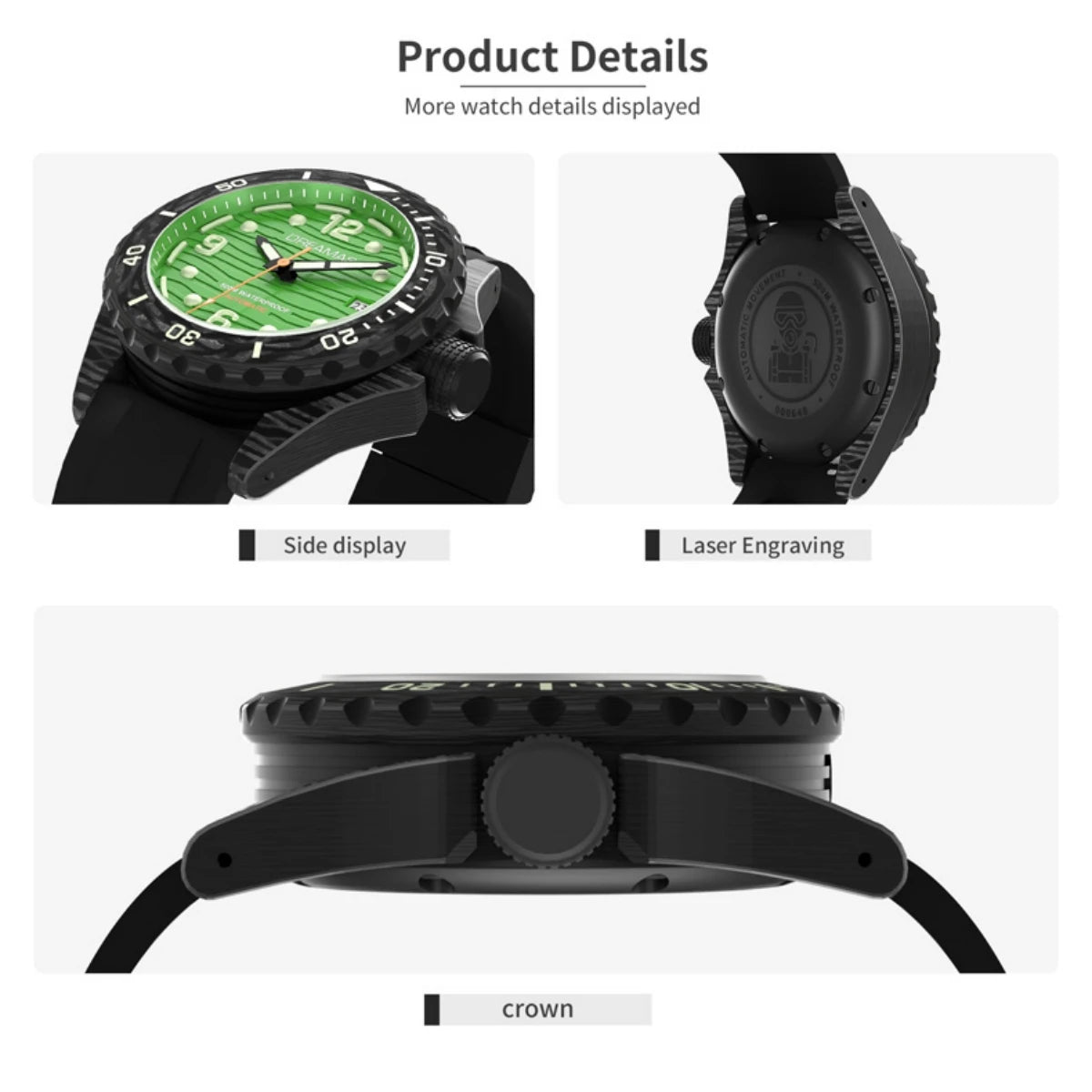 DREAMAS Carbon Fiber Black Warrior Japanese Mechanical Watch Business Watch 500 meters waterproof D0382G10