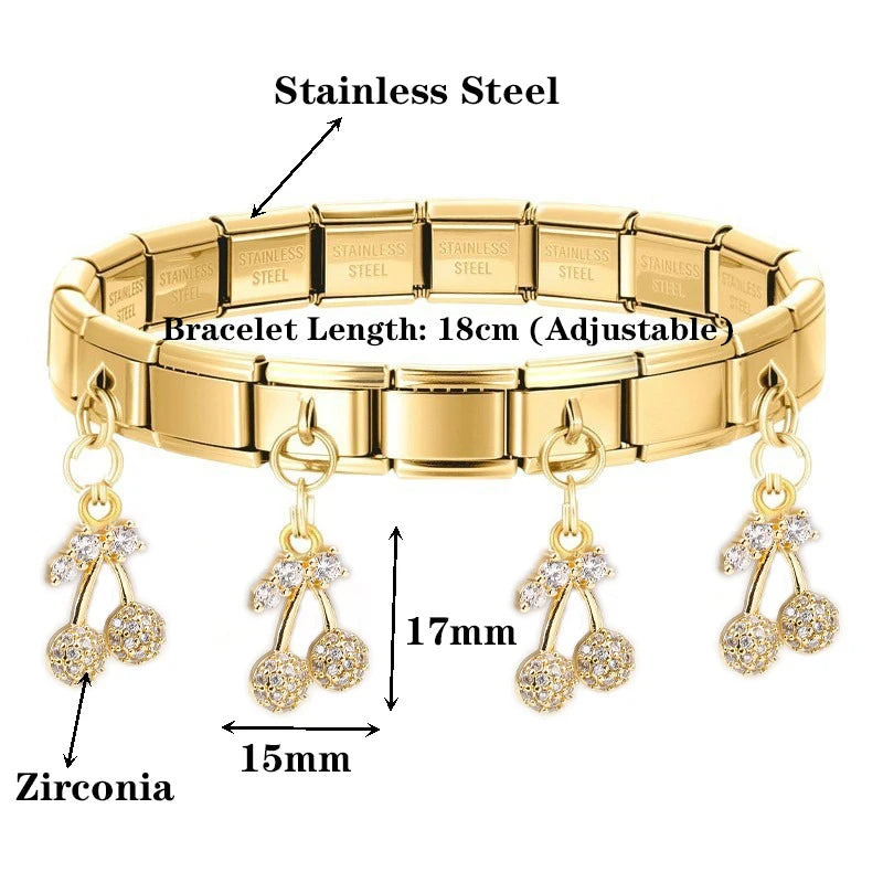 Geometric Square Stainless Steel Elastic Strap Bangle Bracelets for Women Strawberry Cherry Pendant Bracelets Hand Jewelry Gift