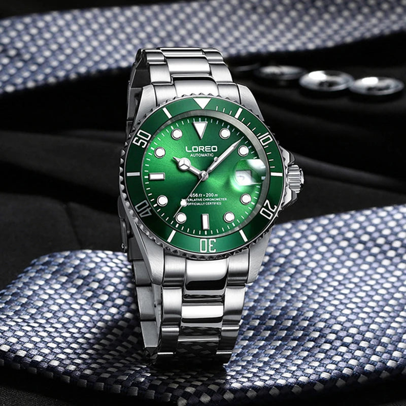 LOREO New Sapphire Glass Automatic Mechanical Watch Luxury Steel 200m Waterproof Business Watch Men Watches Reloj Hombre