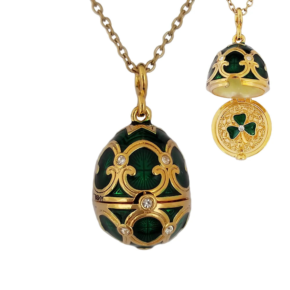 Enamel Handmade Faberge Easter Egg Pendant Necklace Jewelry Locket Brass Vintage Crystal Clover Inside Gift To Women Girls