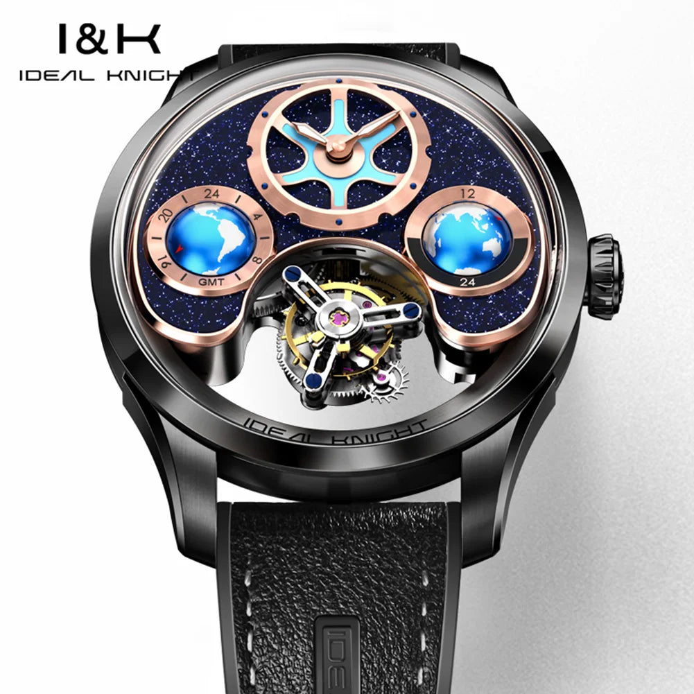 IDEAL KNIGHT 6808 Original Mechanical Watch For Men Top Brand 43mm Big Dial Flywheel Skeleton Hand Clock Business Man Watch Set